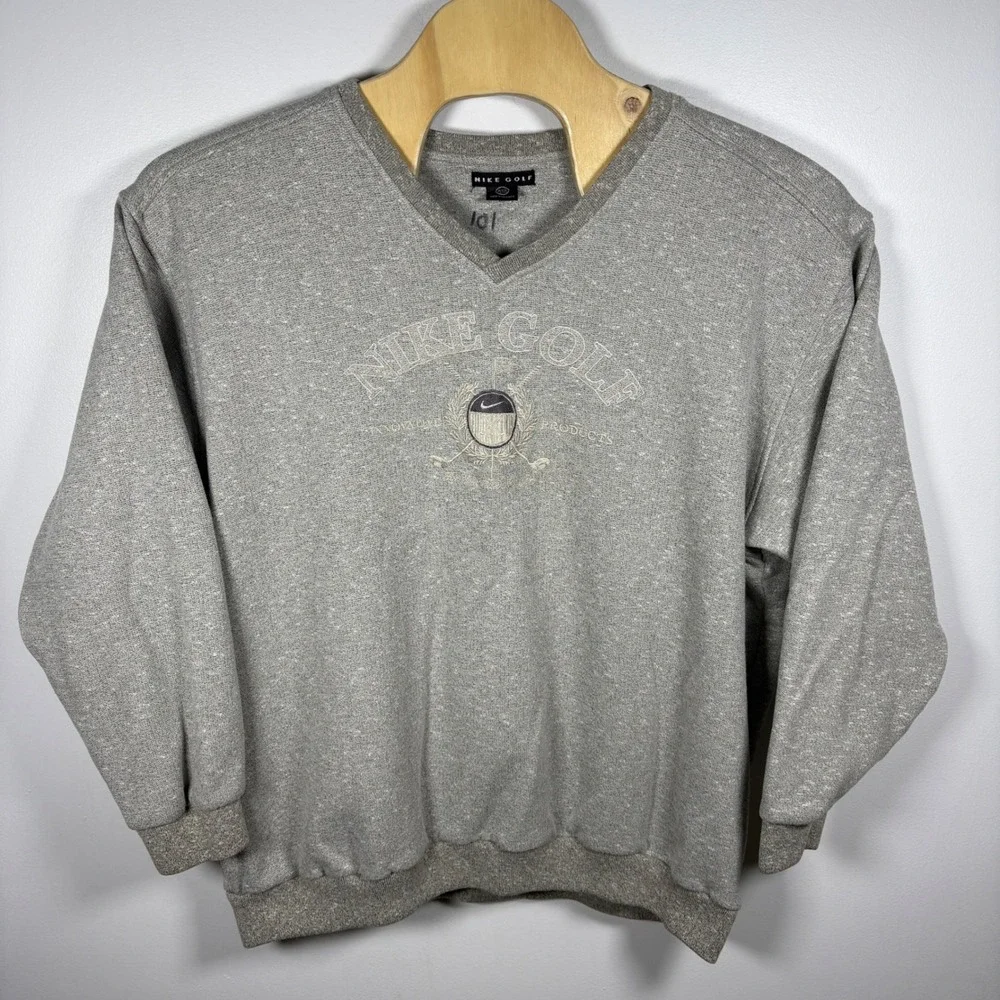 Vintage Nike Golf V-Neck Sweatshirt XXL Heather Grey Embroidered Crest Pullover